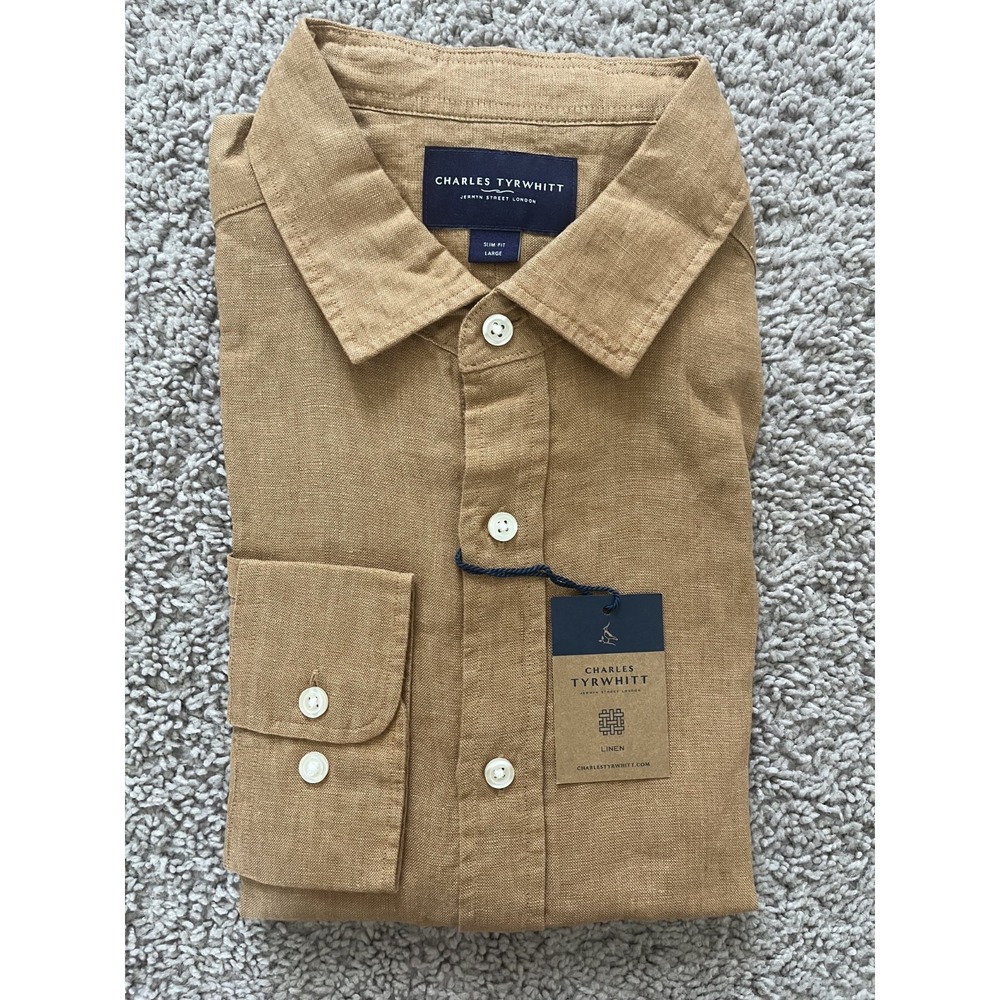 Charles‎ Tyrwhitt Shirt Gold Pure Linen Slim Fit Large Button Up NWT